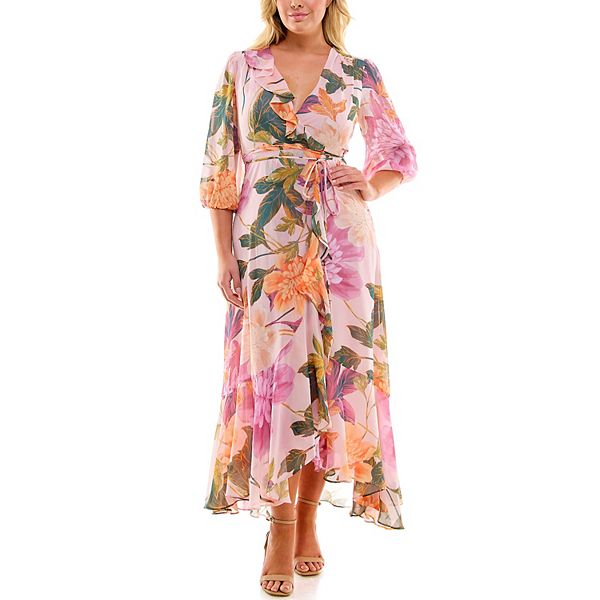 Plus Size Maison Tara Asymmetric Ruffle Faux-Wrap Maxi Dress