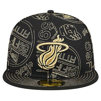 Men's New Era Black Miami Heat 59FIFTY Day Allover Print Stencil Fitted Hat