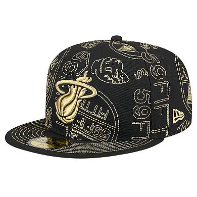 Men's New Era Black Miami Heat 59FIFTY Day Allover Print Stencil Fitted Hat