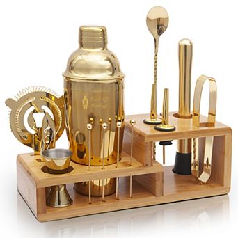 Touch Of Mixology Premium 14 pc Stainless Steel Bartender Kit With Bamboo Stand