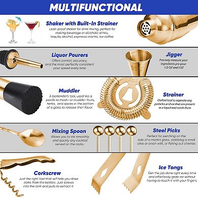 Touch Of Mixology Premium 14-Piece Stainless Steel Bartender Kit With Bamboo Stand