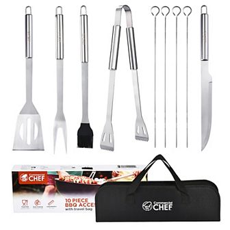 Commercial Chef 10 pc Stainless Steel BBQ Grill Tool Set with Carry Bag
