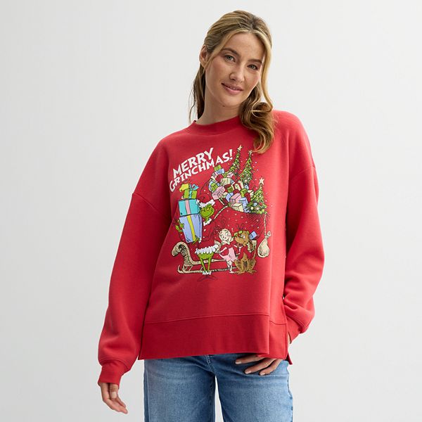 Women's The Grinch Fleece Merry Grinchmas Graphic Pullover - Red (LARGE)