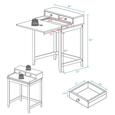 Casual Home Solid Wood Desk with Hutch, Pull-out tray, & Concealed Compartment