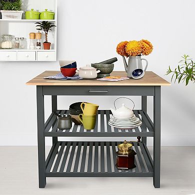 Casual Home Kitchen Slate Gray Island Bar Station with Hardwood Counter Top