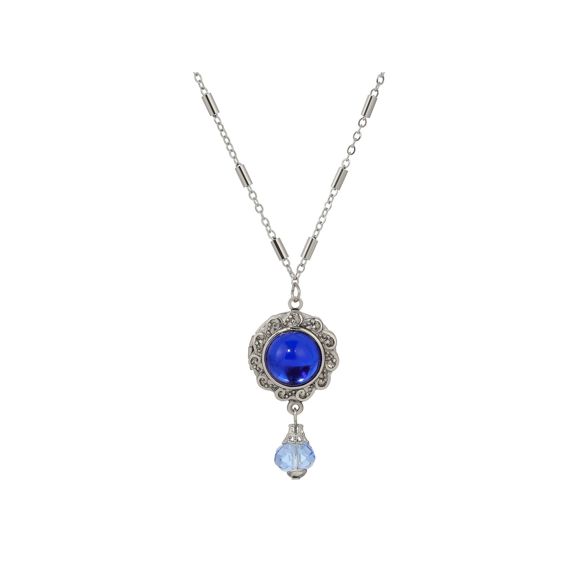 1928 Glass Stone Locket & Bead Necklace, Womens, Blue