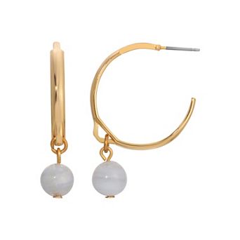 1928 Gold Tone Bead Drop Hoop Earrings