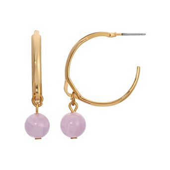 1928 Gold Tone Bead Drop Hoop Earrings