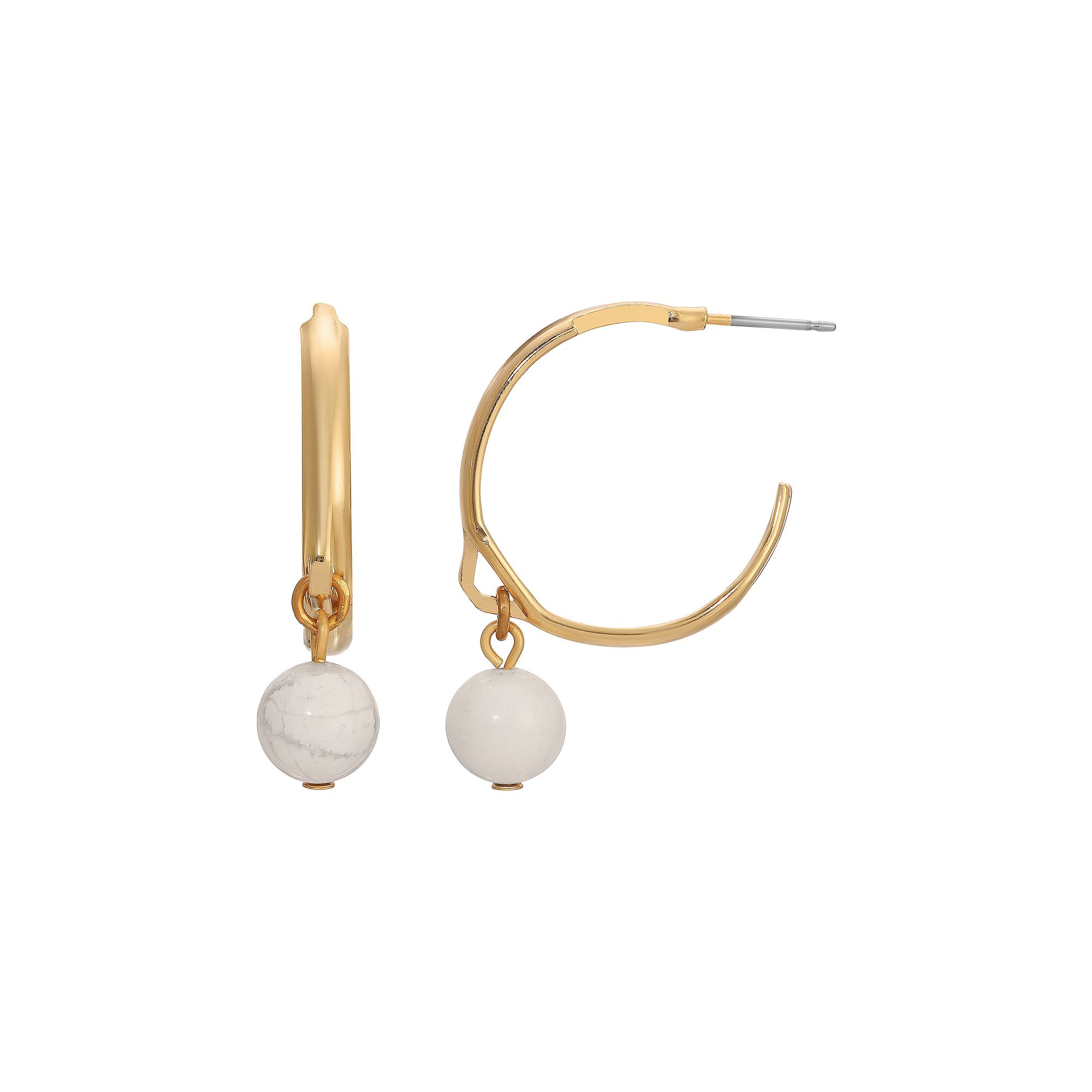 1928 Gold Tone Bead Drop Hoop Earrings, Womens, White