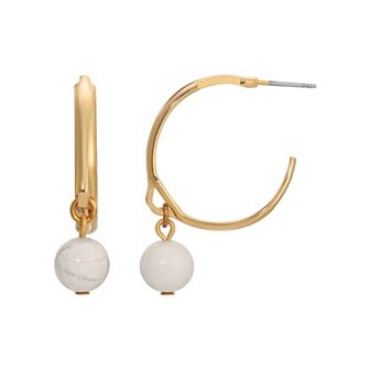 1928 Gold Tone Bead Drop Hoop Earrings