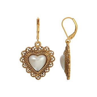 1928 Gold Tone Simulated Pearl Heart Filigree Drop Earrings