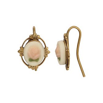 1928 Gold Tone Porcelain Flower Drop Earrings