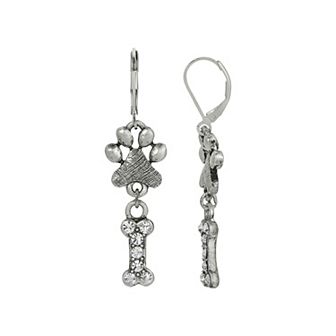 1928 Silver Tone Crystal Paw & Bone Drop Earrings