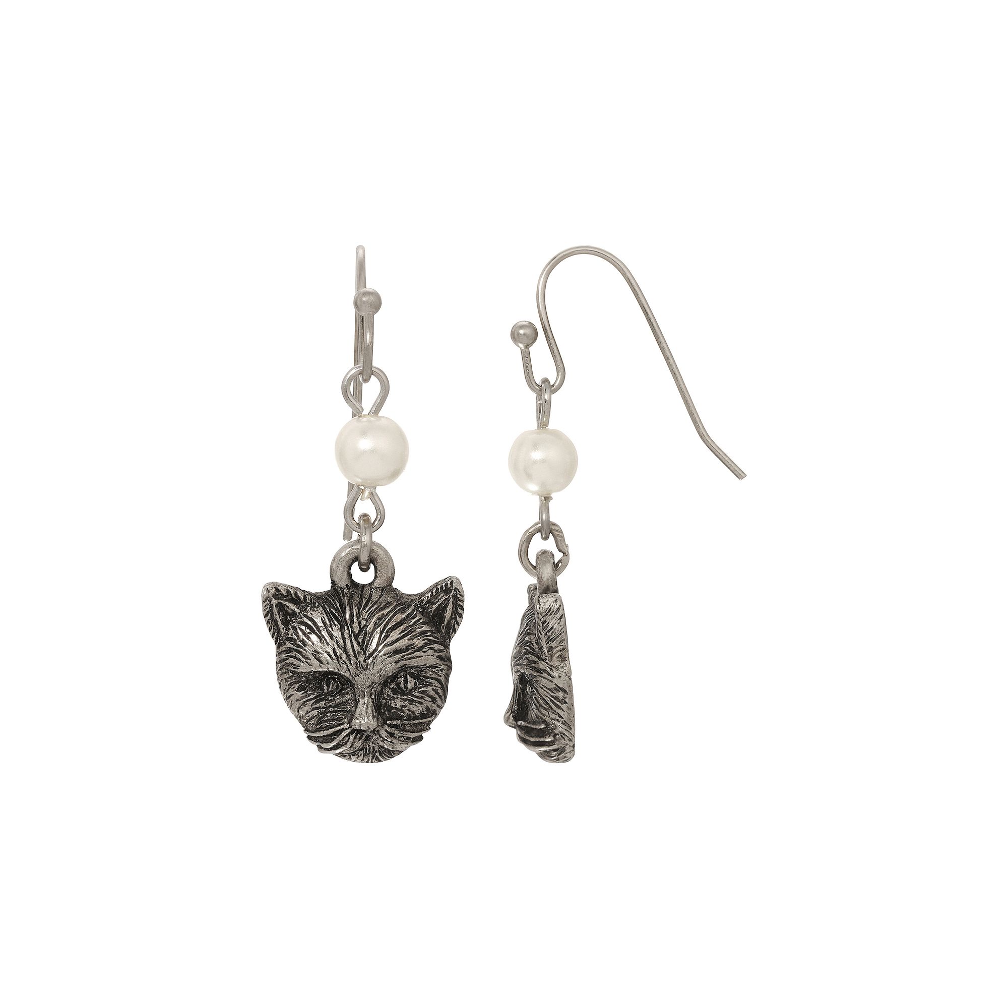 1928 Silver Tone Simulated Pearl Cat Drop Earrings, Womens, Gray