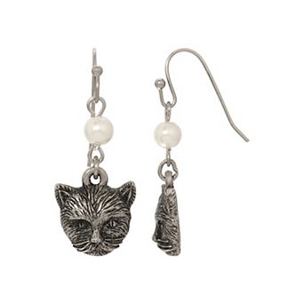 1928 Silver Tone Simulated Pearl Cat Drop Earrings