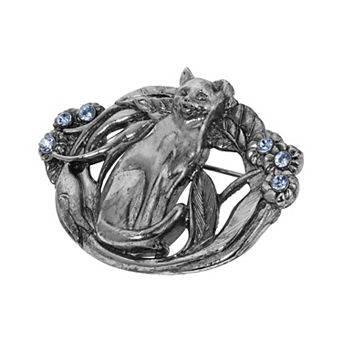 1928 Silver Tone Blue Crystal Cat Pin