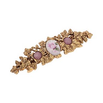1928 Gold Tone Pink & Flower Stone Hair Barrette