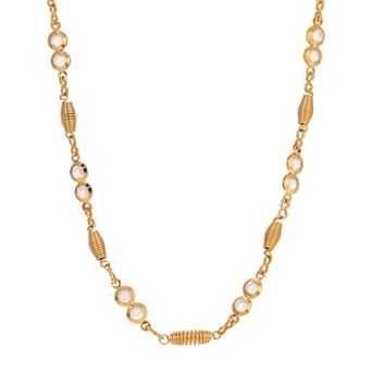 1928 Gold Tone Crystal Spring & Bead Station Necklace