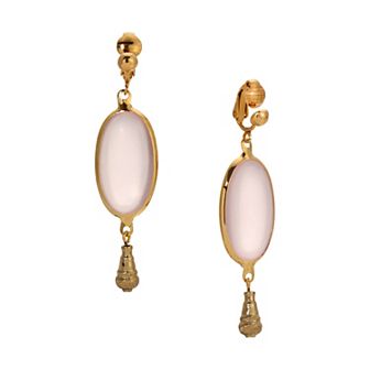 1928 Gold Tone Pink Stone Oval Drop Clip-On Earrings