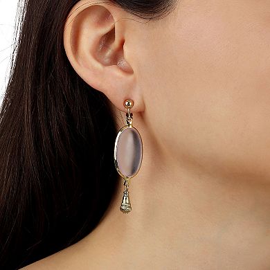 1928 Gold Tone Pink Stone Oval Drop Clip-On Earrings