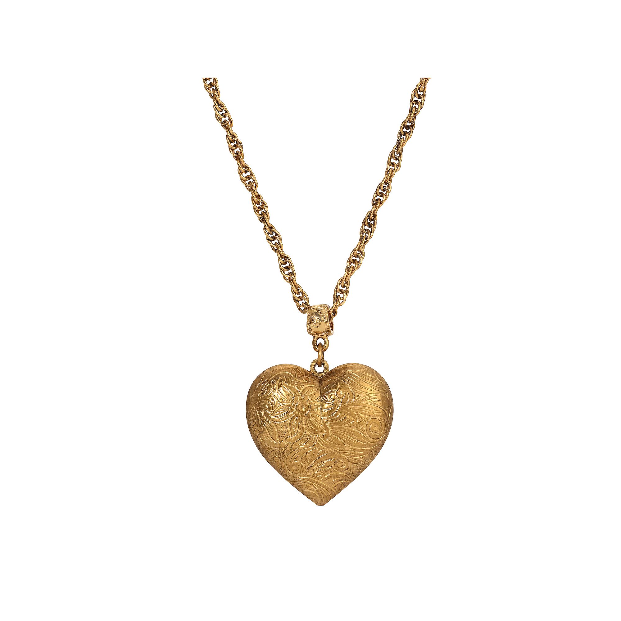 1928 Gold Tone Etched Heart Pendant Necklace, Womens, Yellow
