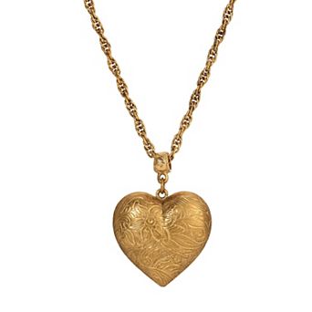 1928 Gold Tone Etched Heart Pendant Necklace