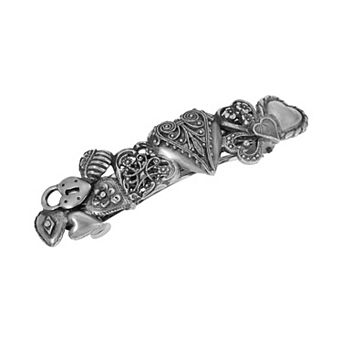 1928 Silver Tone Assorted Hearts Hair Barrette