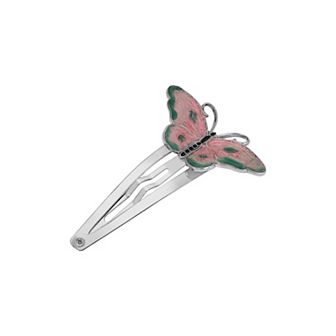 1928 Silver Tone Enamel Pink Butterfly Snap Hair Clip