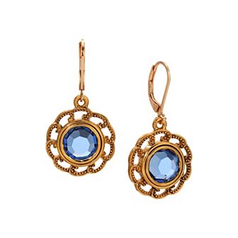 1928 Gold Tone Blue Crystal Round Filigree Drop Earrings