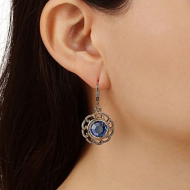 1928 Gold Tone Blue Crystal Round Filigree Drop Earrings