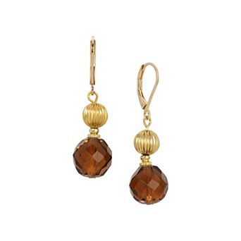 1928 Gold Tone Brown Crystal Beaded Drop Earrings