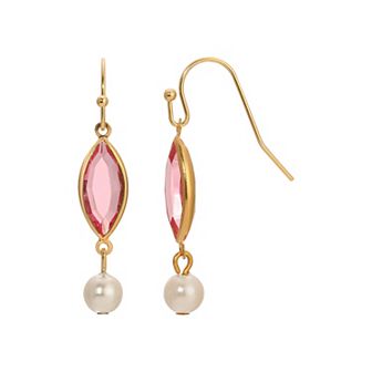 1928 Gold Tone Pink Crystal & Simulated Pearl Beaded Drop Earrings