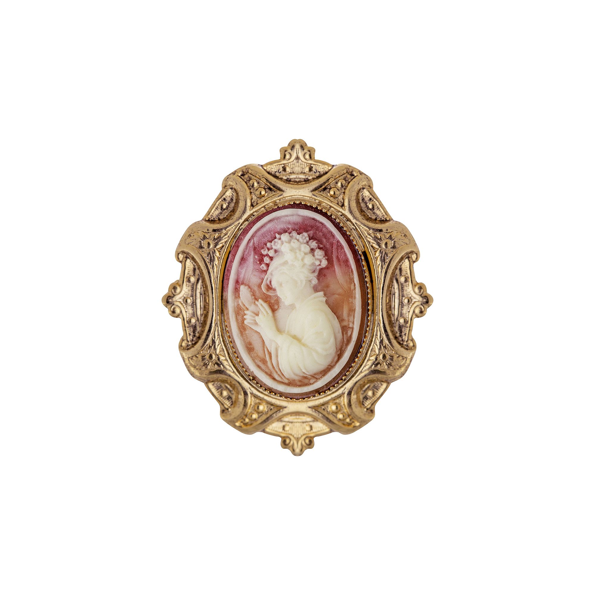 1928 Gold Tone Ivory & Carnelian Oval Cameo Brooch, Womens, Orange