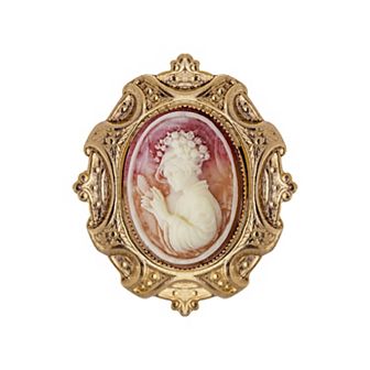 1928 Gold Tone Ivory & Carnelian Oval Cameo Brooch
