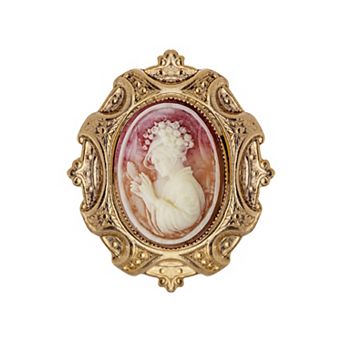 1928 Gold Tone Ivory & Carnelian Oval Cameo Brooch
