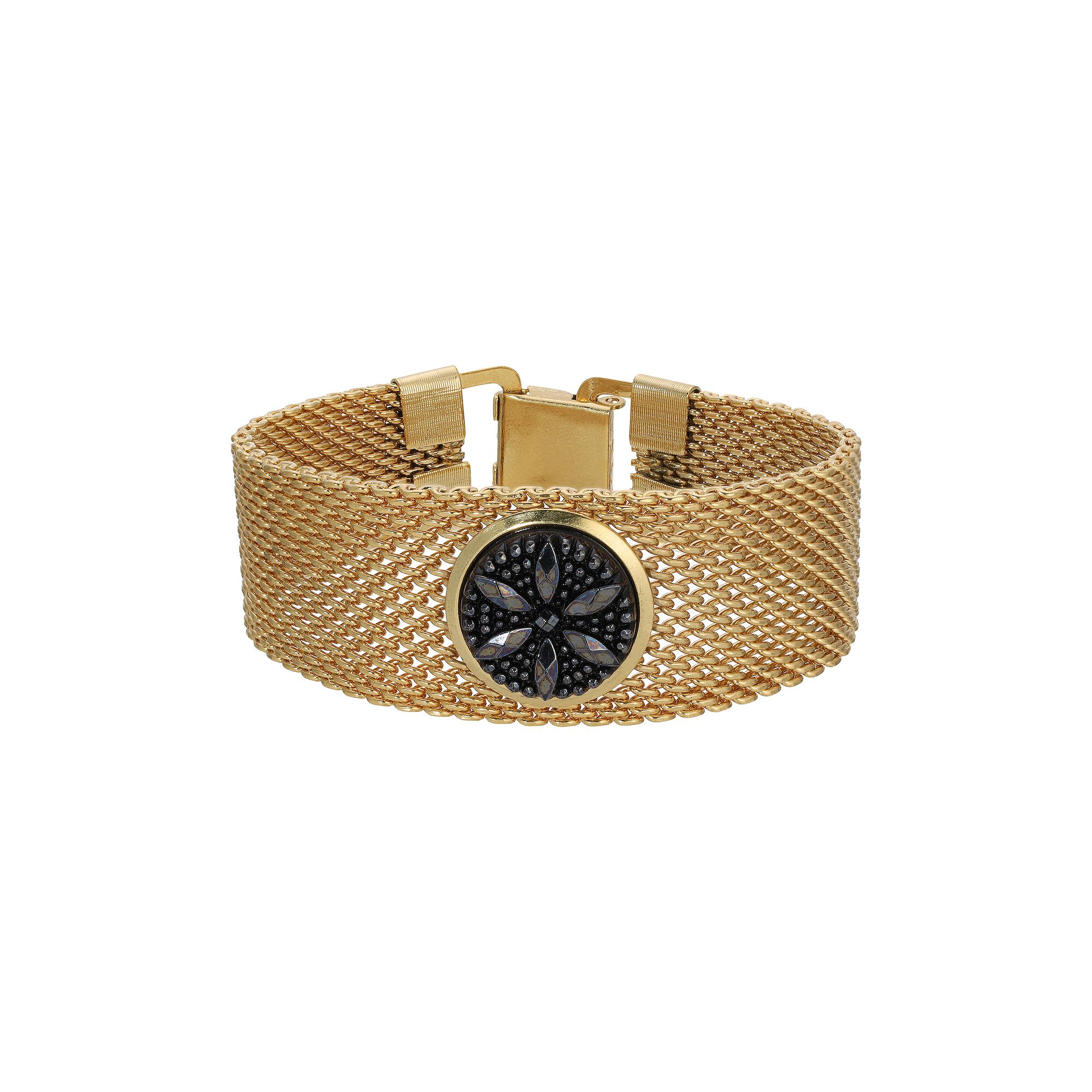 1928 Gold Tone Black Crystal Mesh Bracelet, Womens