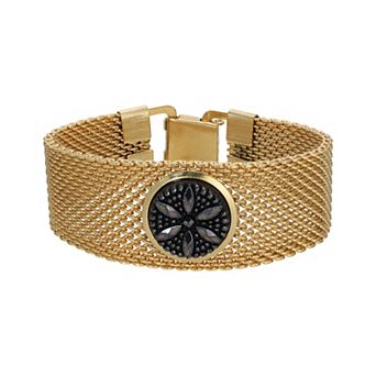 1928 Gold Tone Black Crystal Mesh Bracelet