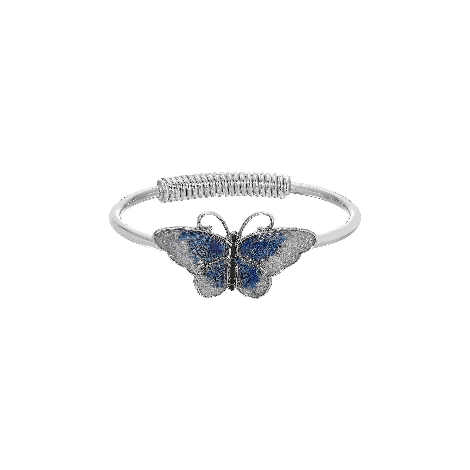 1928 Silver Tone Blue Enamel Butterfly Spring Hinged Bracelet, Womens