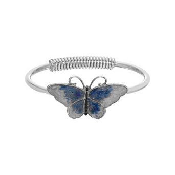 1928 Silver Tone Blue Enamel Butterfly Spring Hinged Bracelet