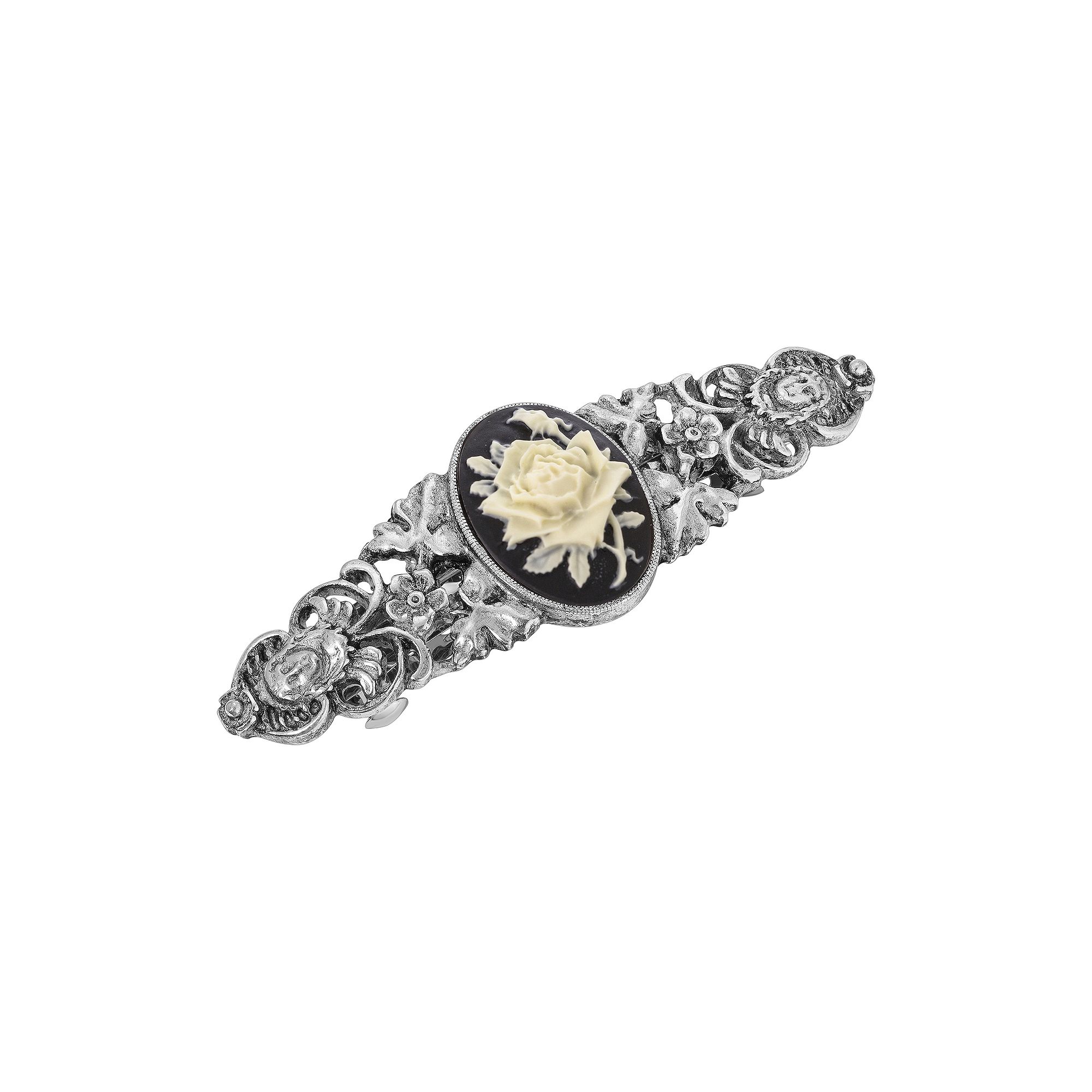 1928 Silver Tone Black & White Flower Cameo Hair Barrette