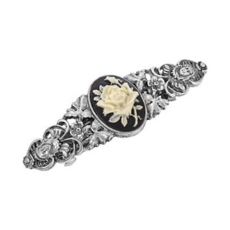 1928 Silver Tone Black & White Flower Cameo Hair Barrette