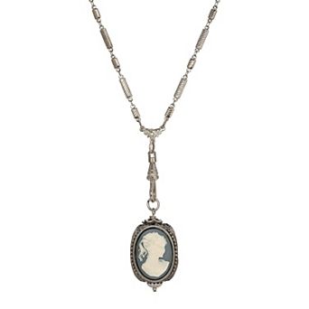 1928 Silver Tone Multi-Color 3-Sided Cameo Pendant Necklace