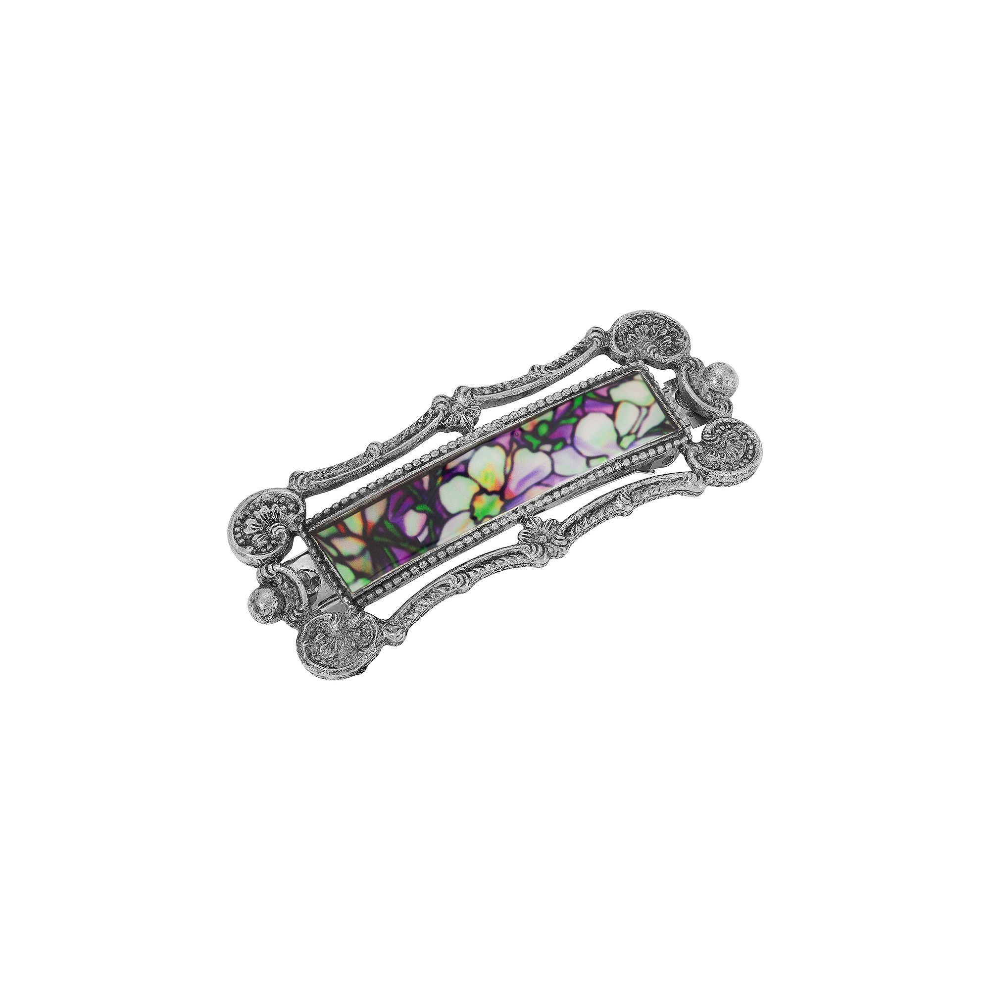 1928 Silver Tone Simulated Stained Glass Hair Barrette, Multi