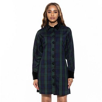 Women's ALEXIA ADMOR Velvette Plaid Dolman Button Down Shirt Dress