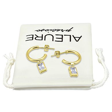 Aleure Precioso Sterling Silver Cubic Zirconia Baguette Drop Hoop Earrings