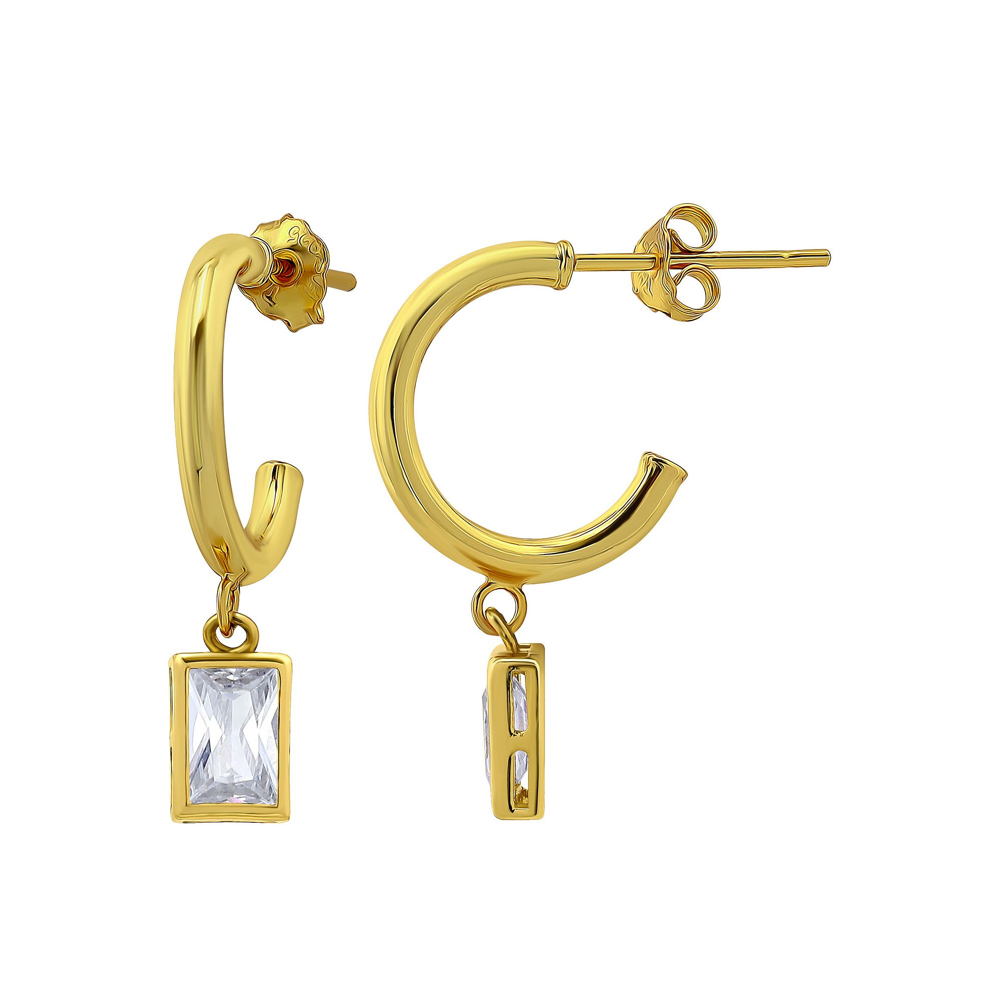Aleure Precioso Sterling Silver Cubic Zirconia Baguette Drop Hoop Earrings,
