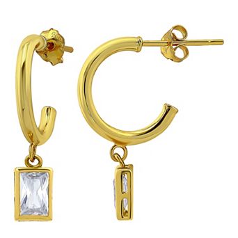 Aleure Precioso Sterling Silver Cubic Zirconia Baguette Drop Hoop Earrings
