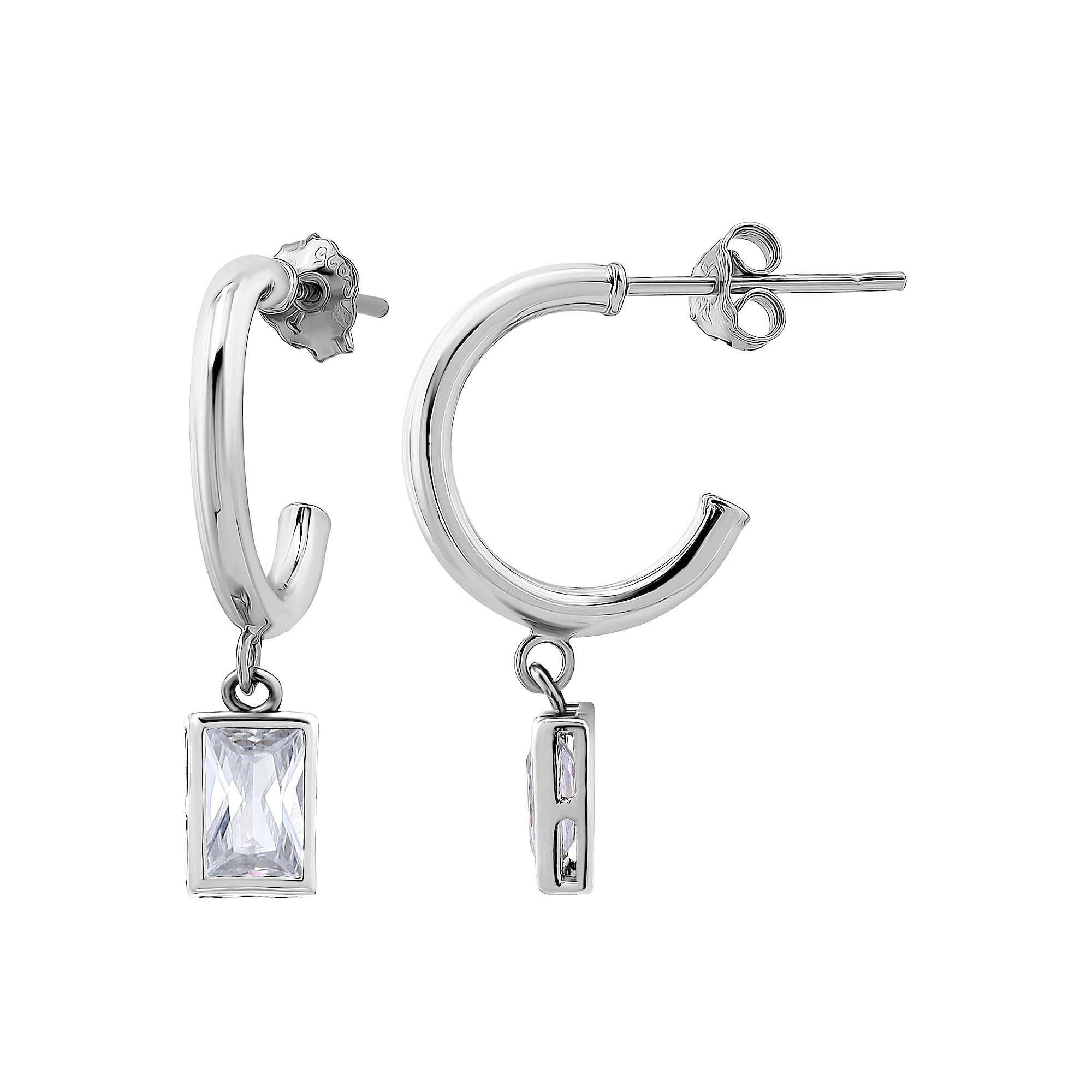 Aleure Precioso Sterling Silver Cubic Zirconia Baguette Drop Hoop Earrings,