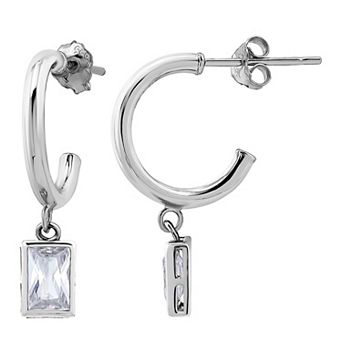 Aleure Precioso Sterling Silver Cubic Zirconia Baguette Drop Hoop Earrings