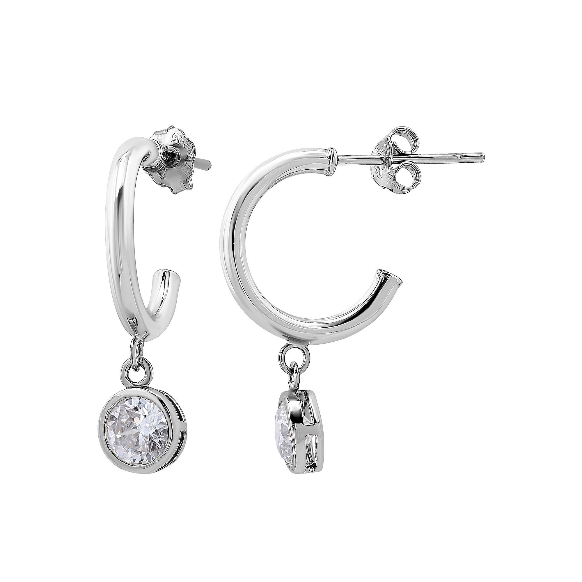 Aleure Precioso Sterling Silver Cubic Zirconia Round Drop Hoop Earrings, Wo
